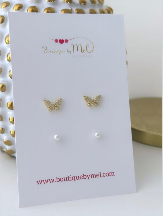 Butterfly & Pearl Earrings Set